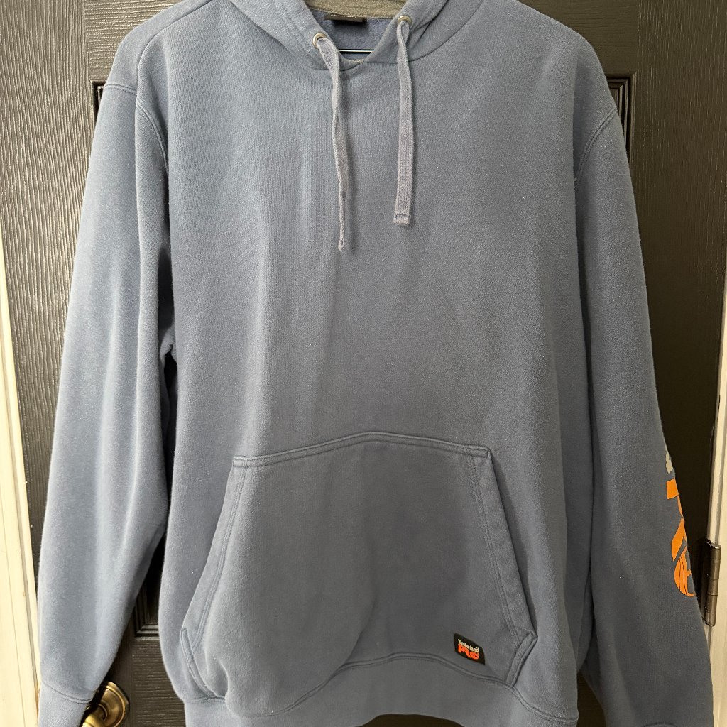Mens Timberland Heavy Weight Hoodie Sweatshirt Light Blue Orange Logo Large